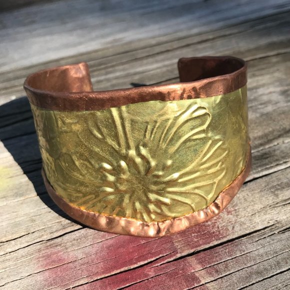 Rustic Brass Copper Cuff Bracelet Wide Floral Cowboy Gift Unisex Rustic Handmade - Picture 3 of 12